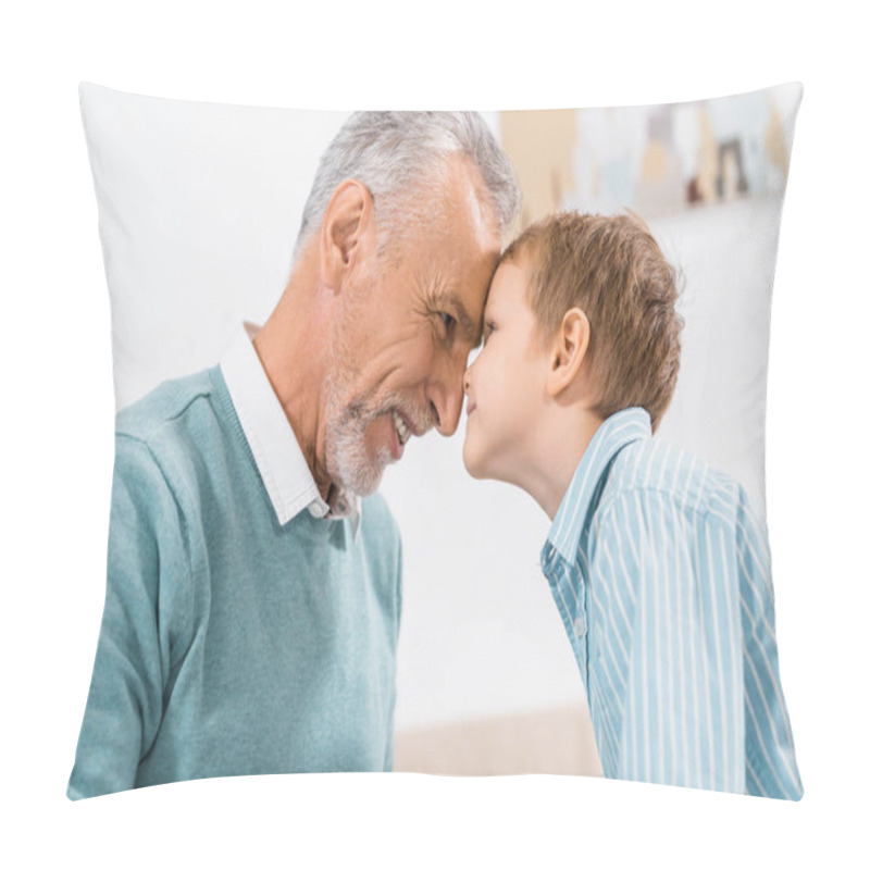 Personality  Side View Of Happy Middle Aged Man Face To Face With Little Grandson At Home Pillow Covers