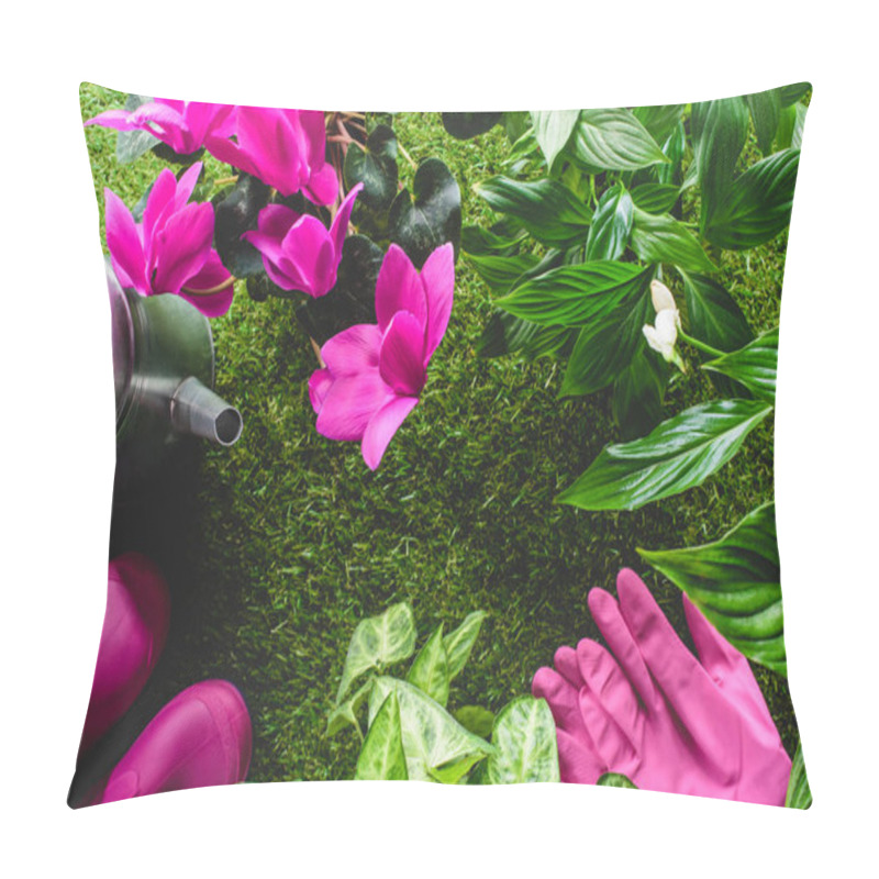 Personality  Top View Of Watering Can, Protective Gloves, Flowers And Rubber Boots Pillow Covers