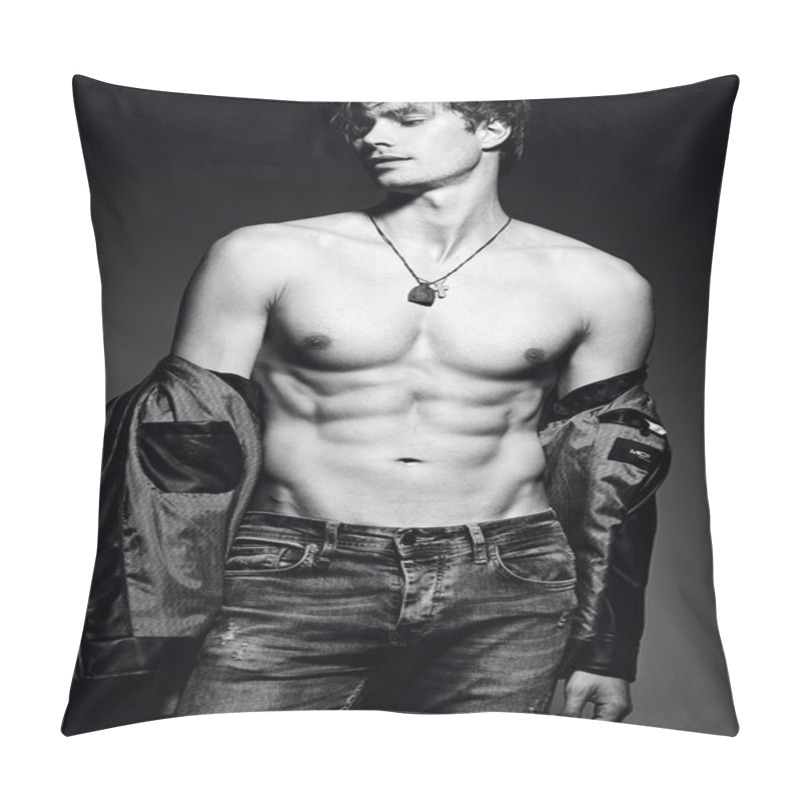 Personality  Young Handsome Muscled Fit Male Model Man Posing In Studio Showing His Abdominal Muscles Pillow Covers