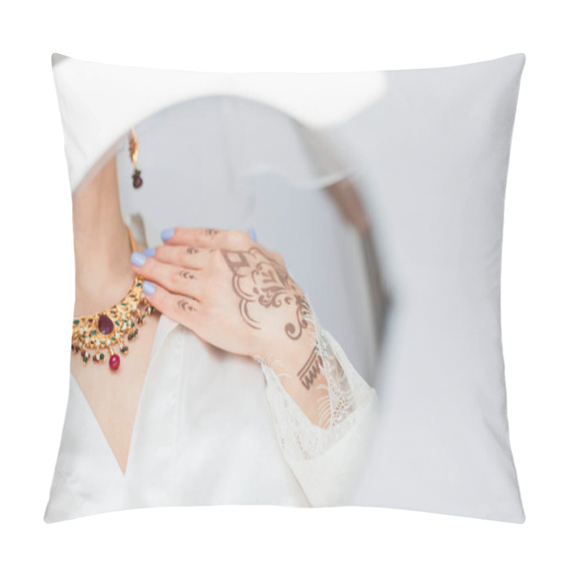 Personality  Reflection In Mirror Of Young Indian Bride In Earring Wearing Necklace On White Pillow Covers