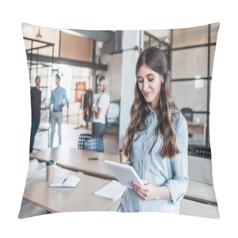 Personality  Smiling Young Businesswoman Using Digital Tablet In Office Pillow Covers