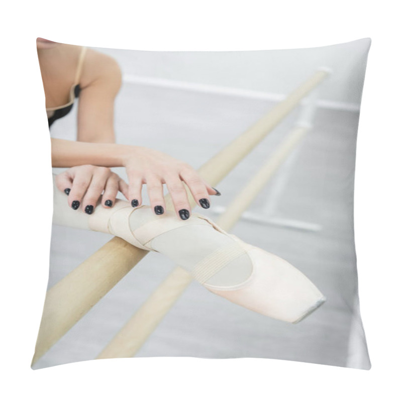 Personality  Cropped View Of Ballet Dancer Stretching Leg At Barre In Dance Studio Pillow Covers