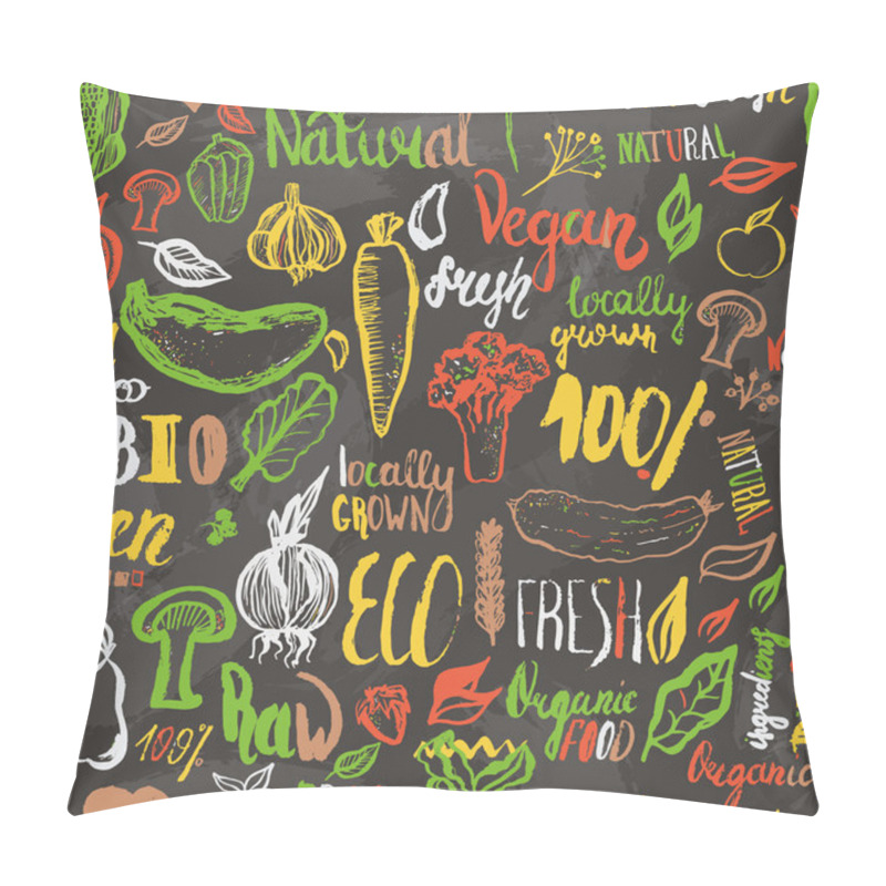 Personality  Eco Food Hand Drawn Seamless Pattern. Vector Vegetarian Background. Modern Food Pattern With Lettering For Wrapping, Menu. Healthy Vegetarian Food. Pillow Covers