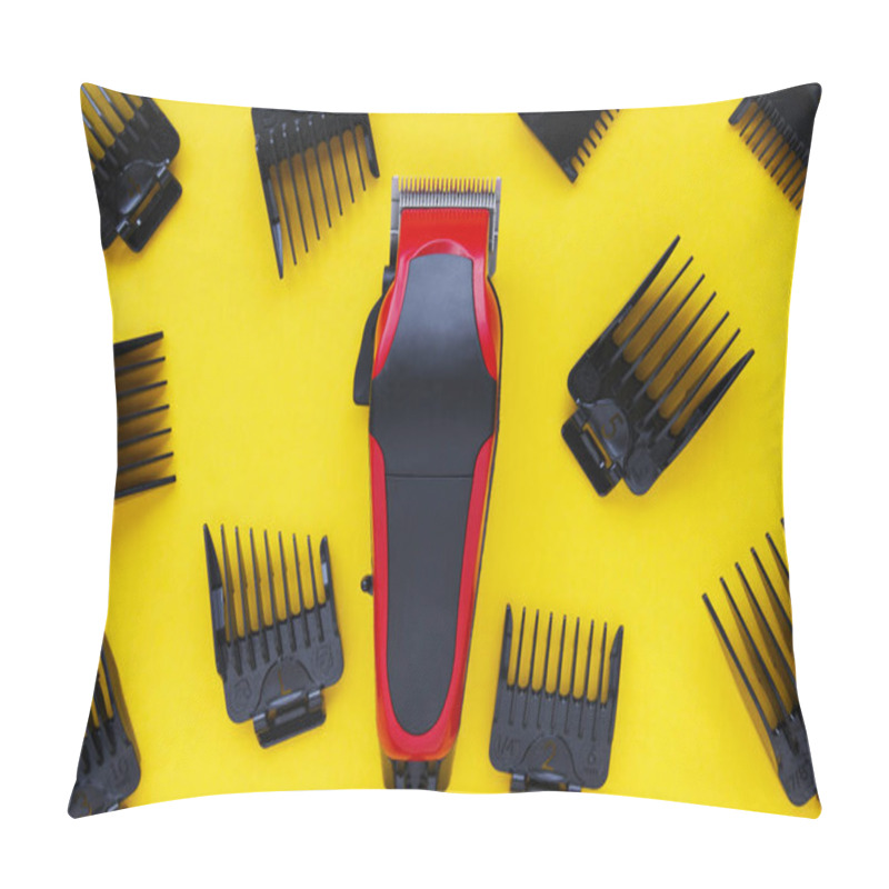 Personality  Hairdressers Tool. Hair Clipper Close-up On A Yellow Background With Nozzles Of Different Sizes. Pillow Covers