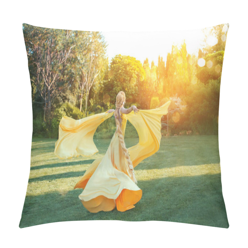 Personality  Bright Divine Sun Light. Art Fantasy Happy Woman Dancing Spinning Hand Raised Yellow Silk Dress, Cape Train Fluttering Fly In Wind. Blonde Girl Hairstyle Long Braid. Princess Rapunzel Back Rear View Pillow Covers