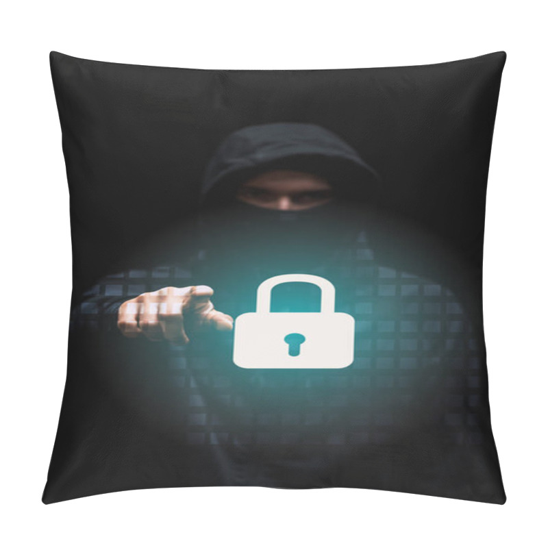 Personality  Selective Focus Of Hacker In Hood Pointing With Finger At Padlock Illustration On Black  Pillow Covers