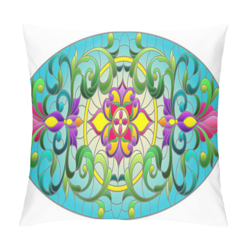 Personality  Illustration In Stained Glass Style With Abstract  Swirls,flowers And Leaves  On A Blue Background,horizontal Orientation, Oval Image Pillow Covers