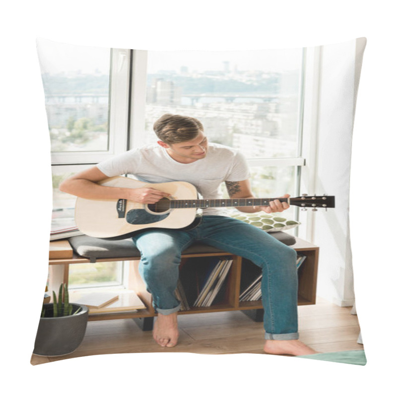 Personality  Young Male Guitarist Playing Acoustic Guitar While Sitting At Window At Home Pillow Covers