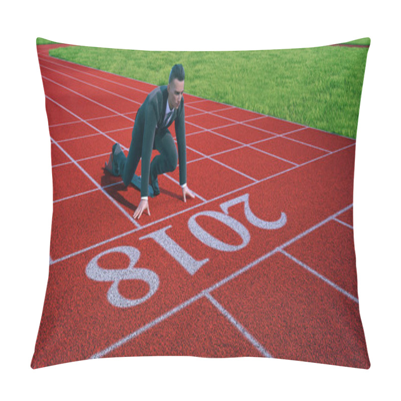 Personality  Businessman Ready To Sprint On Starting Line Of The Year 2018. Pillow Covers