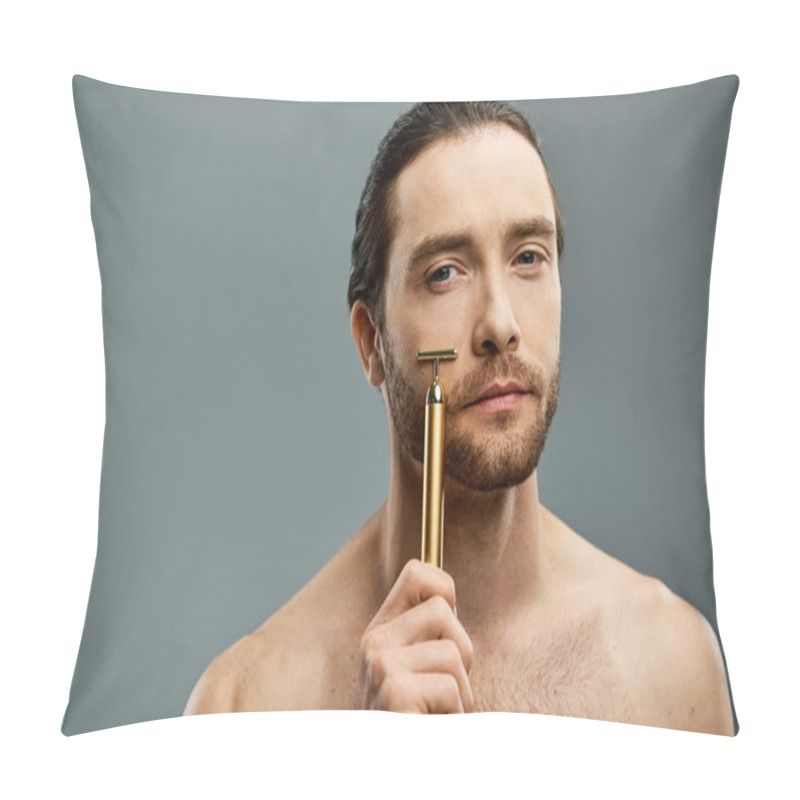 Personality  Shirtless Man With Beard Holding Golden Razor In Front Of Face Against Grey Background. Pillow Covers