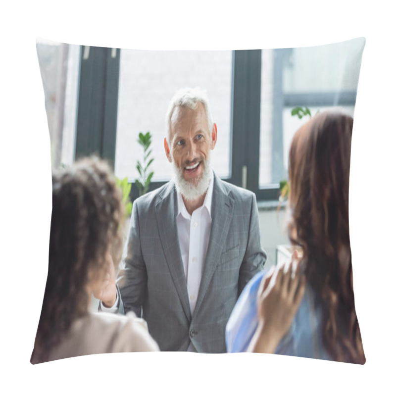 Personality  Back View Of Blurred Interracial Same Sex Couple Near Smiling Broker In Real Estate Agency Pillow Covers