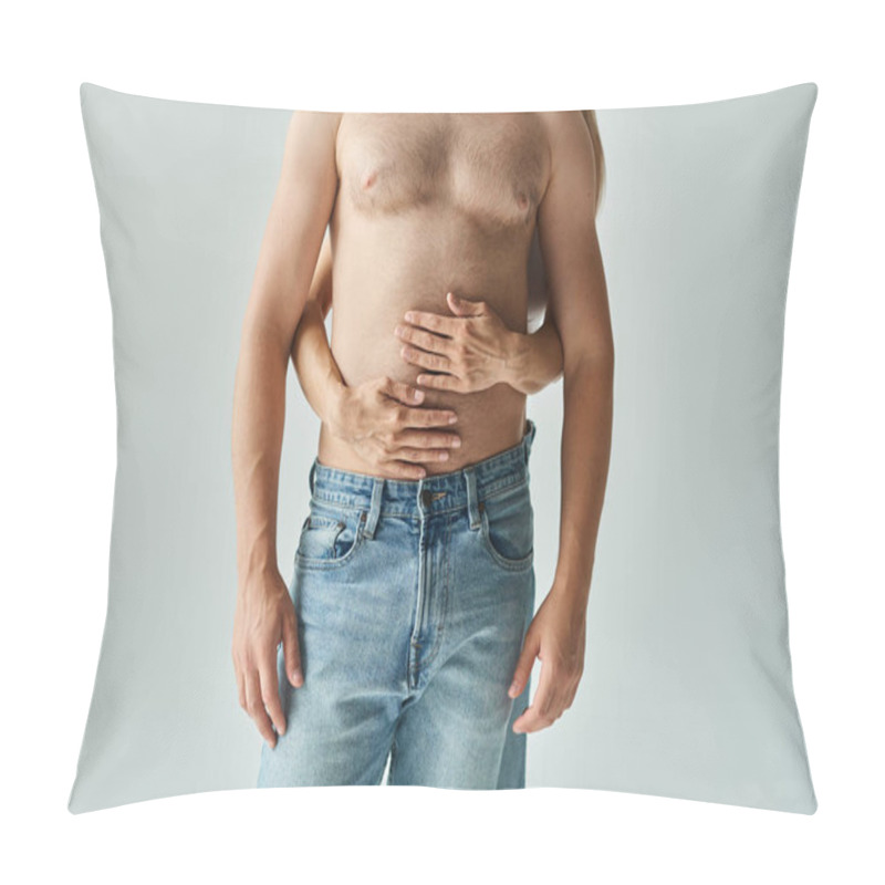 Personality  A Fit, Shirtless Man Stands With Female Hands Resting On His Stomach, Embodying Confidence And Tranquility. Pillow Covers