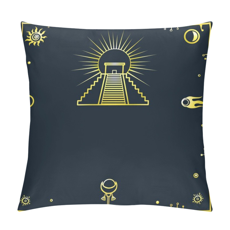 Personality  Vector Illustration: A Silhouette Of The Mexican Pyramid On A Black Background. Gold Imitation. Pillow Covers