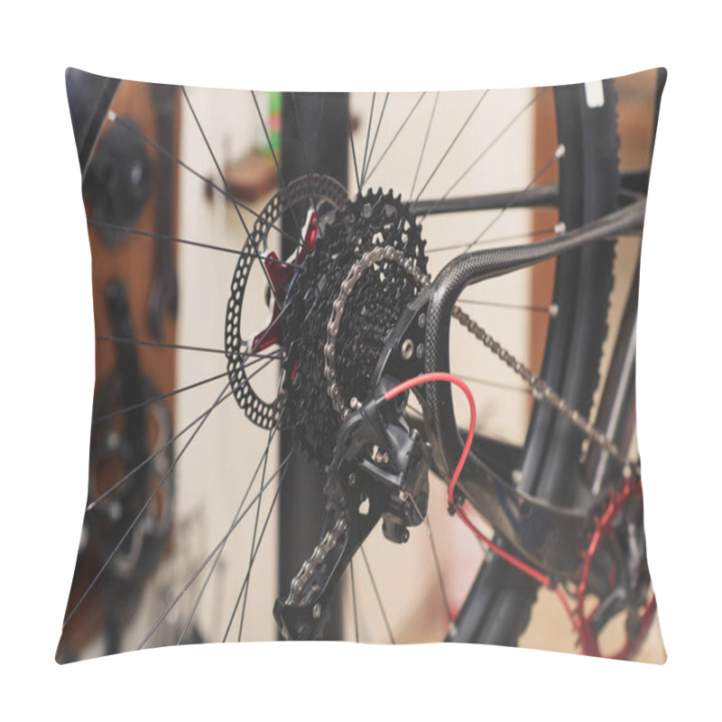 Personality  Close-up View Of Bicycle Wheel With Chain In Workshop Pillow Covers