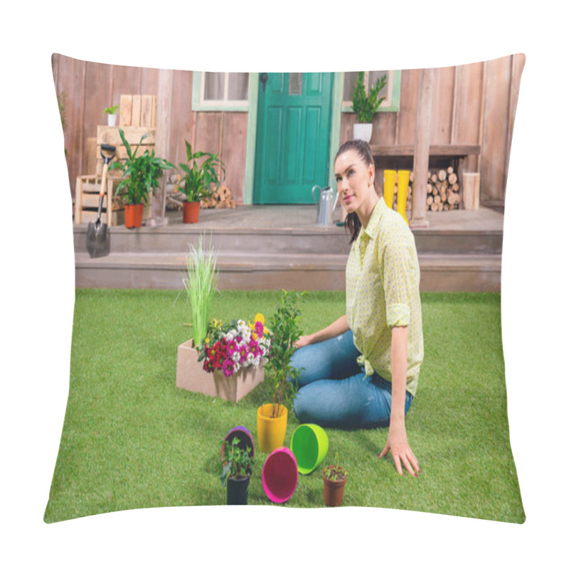 Personality  Attractive Gardener With Plants And Flowerpots Sitting On Green Grass Pillow Covers