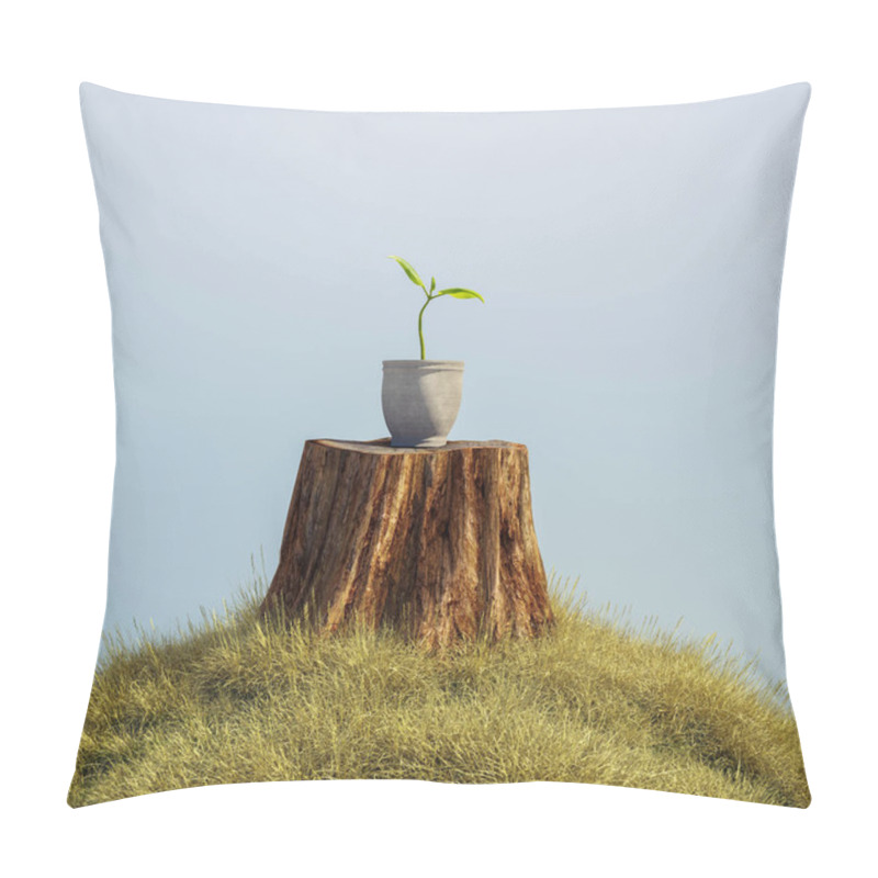 Personality  Log With A Small Plant Growing Over It . Starting Over And Believe In The Process Concept . This Is A 3d Render Illustration .  Pillow Covers