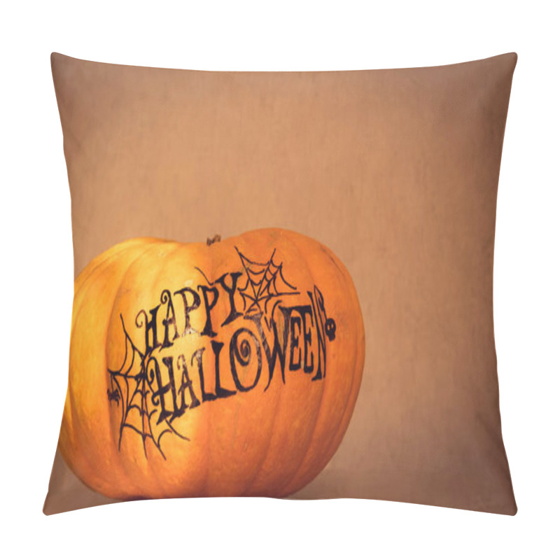 Personality  Orange Pumpkin With The Inscription Happy Halloween With A Layout For Your Text, A Celebration Concept And An Invitation To Halloween Pillow Covers