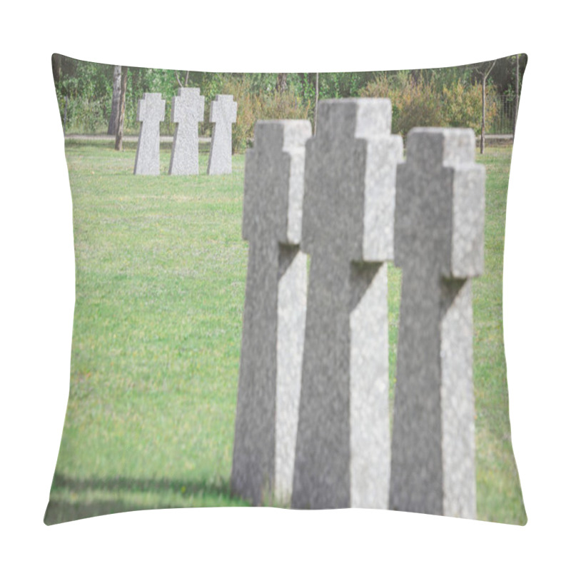 Personality  Selective Focus Of Cemetery With Old Memorial Headstones Placed In Rows  Pillow Covers