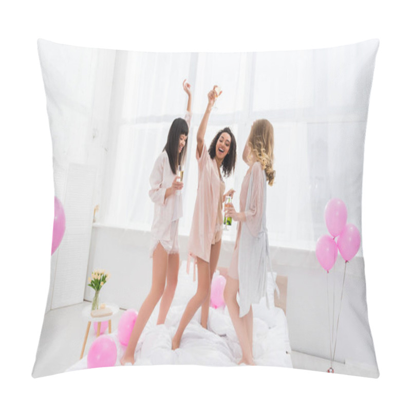 Personality  Cheerful Multiethnic Girls Dancing With Champagne Glasses On Bachelorette Party With Balloons Pillow Covers