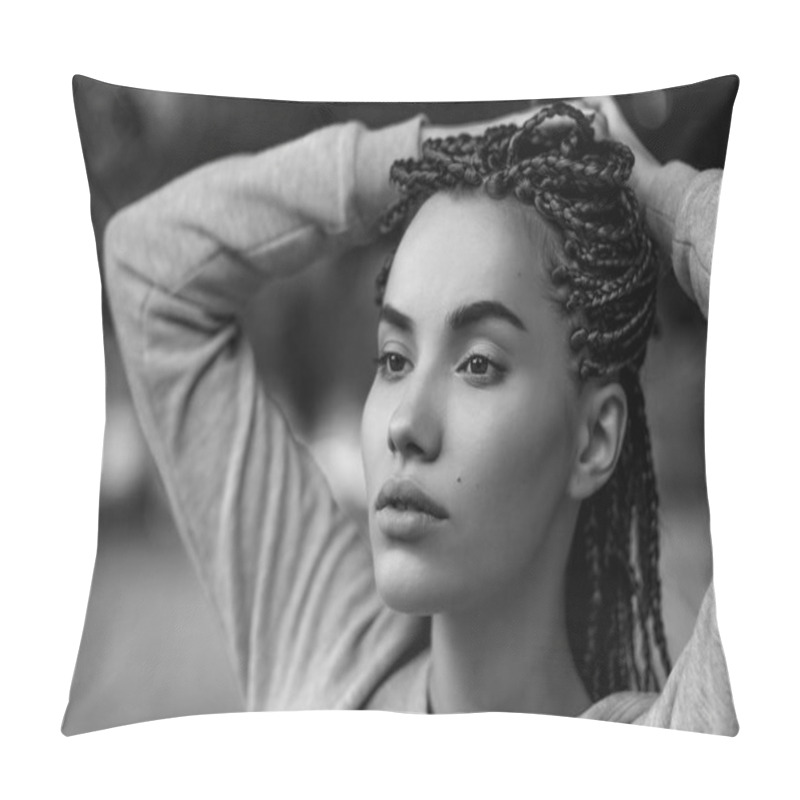 Personality  A Black-and-white Portrait Of A Beautiful Girl With Plaited Braids. Pillow Covers