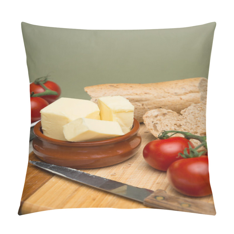 Personality  Bread And Butter, Delicious Organic Home Made Bread And Butter With Ripe Tomatoes On Wooden Board Pillow Covers