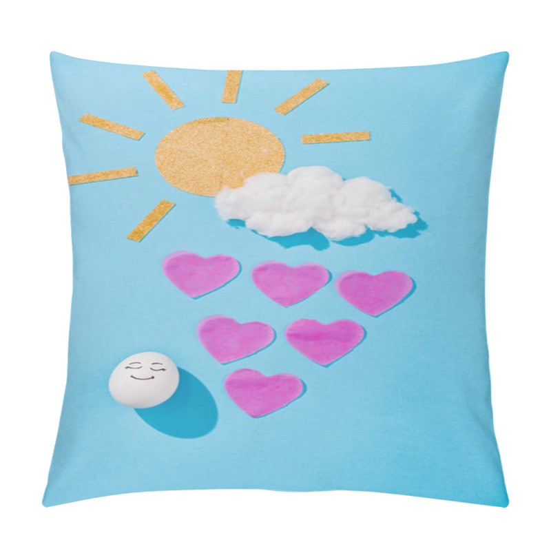 Personality  Top View Of Paper Sun, Cotton Candy Cloud, Egg With Happy Face Expression And Heart-shaped Raindrops On Blue Pillow Covers