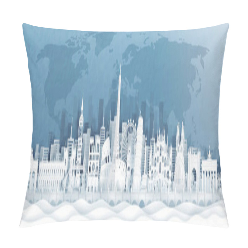 Personality  Panorama View Of Europe World Famous Landmarks In Paper Cut Style Vector Illustration. Pillow Covers