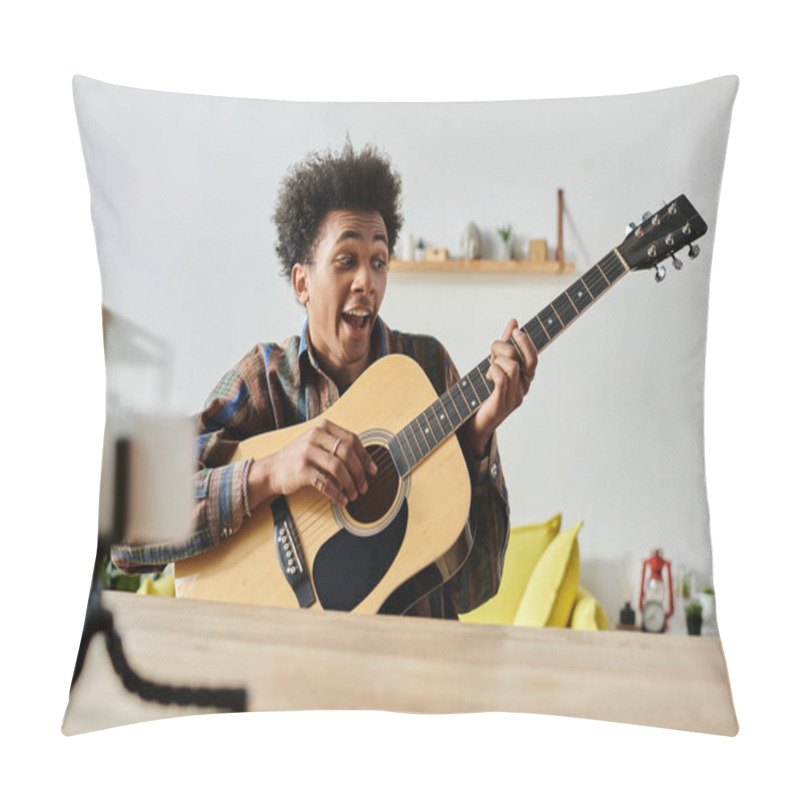 Personality  Young Man Plays Acoustic Guitar In Living Room. Pillow Covers