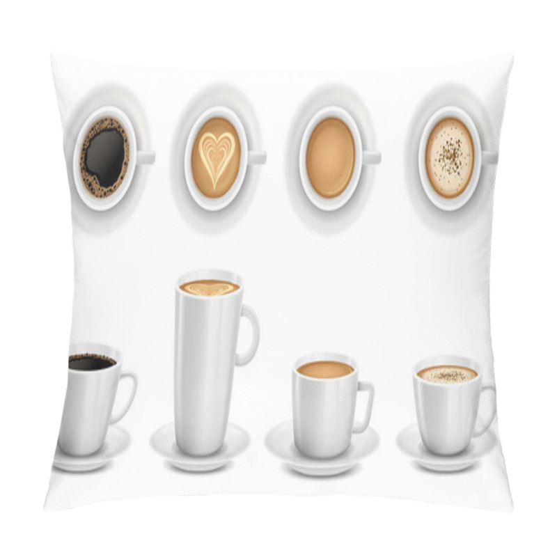 Personality  Realistic 3D Cups Of Coffee. White Ceramic Cup Of Cappuccino, Latte Art And Coffee Shop Promotion Mockup Isolated Vector Illustration Set. Tasty Americano, Fresh Aromatic Hot Drink Pillow Covers