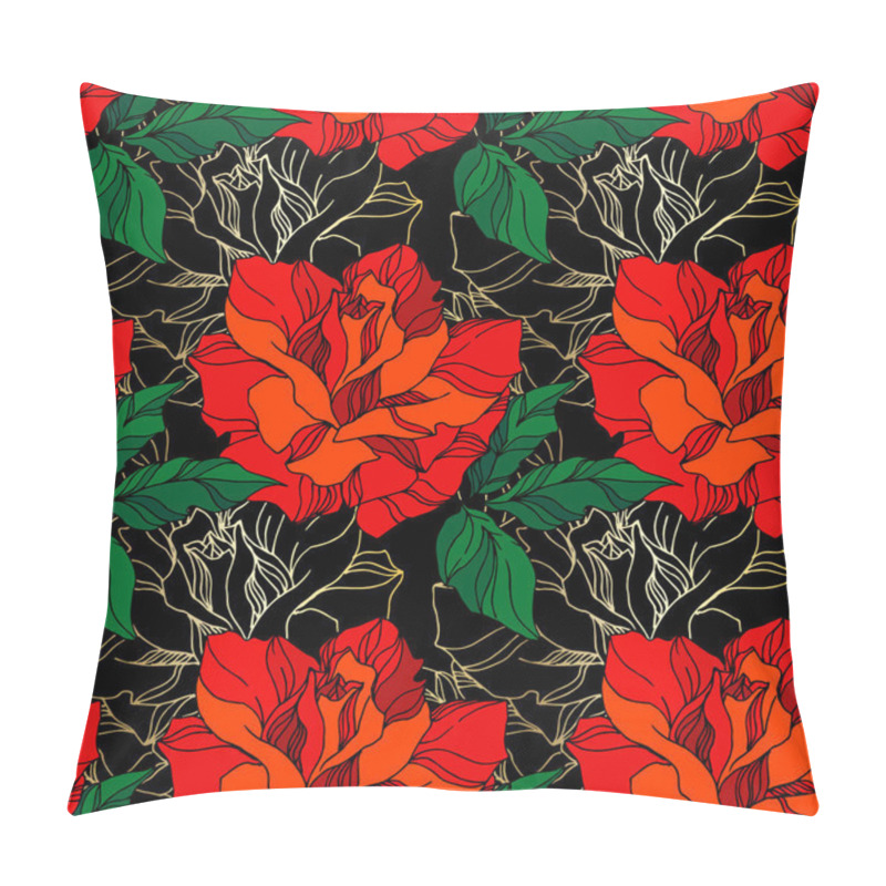 Personality  Vector Rose Floral Botanical Flowers. Green And Red Engraved Ink Art. Seamless Background Pattern. Pillow Covers