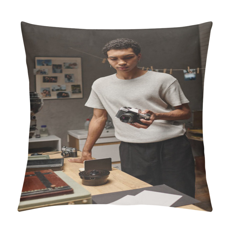 Personality  Young Black Man Intently Examining An Analog Camera While Standing In A Photo Lab, Film Photography Pillow Covers