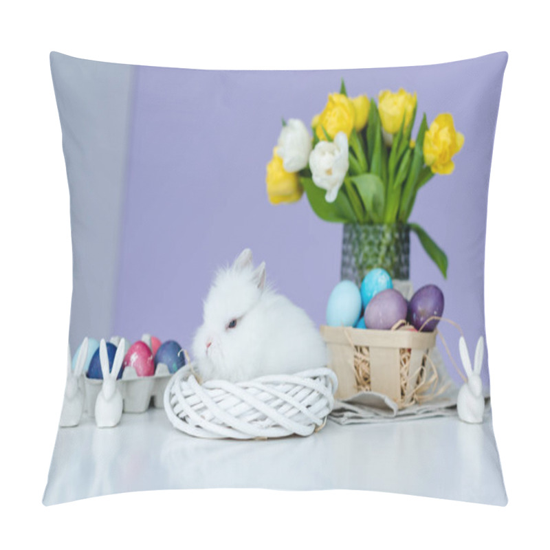 Personality  Cute Fluffy Bunny By Painted Eggs On Table With Easter Decor Pillow Covers