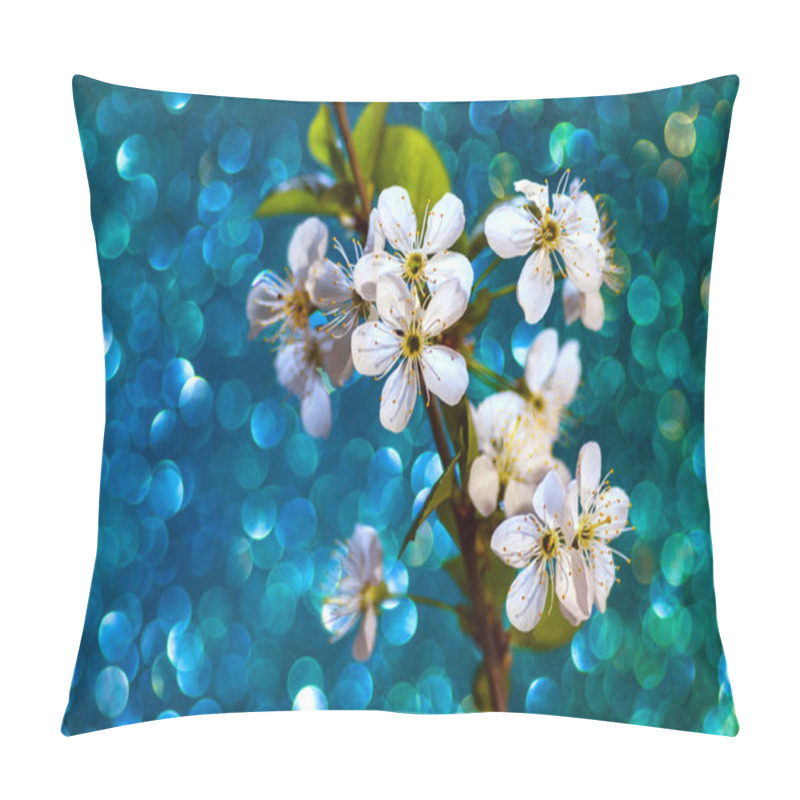 Personality  Blossoming Branch Of Cherry Tree On Shimmering Bokeh Background. Photo Of Spring Flowers Of White Cherry On Blurred Teal Backdrop. Pillow Covers