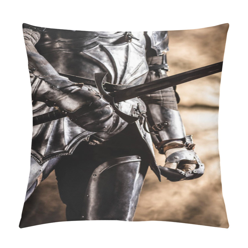 Personality  Cropped View Of Knight In Armor Holding Sword On Black Background Pillow Covers