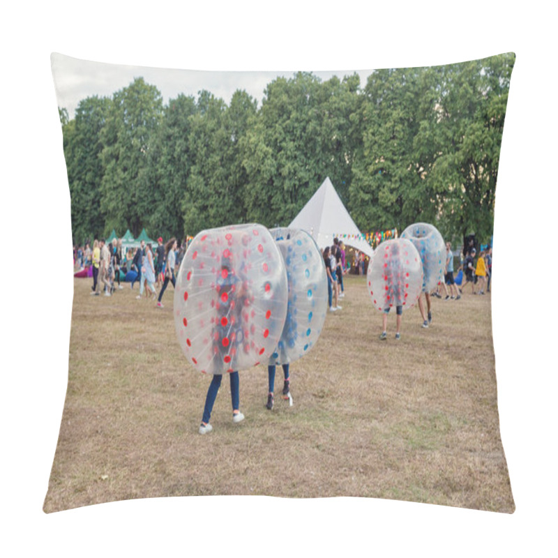 Personality  KIEV, UKRAINE - JULY 08, 2018: Young People Play Inside Of The Transparent Plastic Spheres Body Bumper Balls At Atlas Weekend Festival In National Expocenter. It Is Annual Music And Arts Festival. Pillow Covers