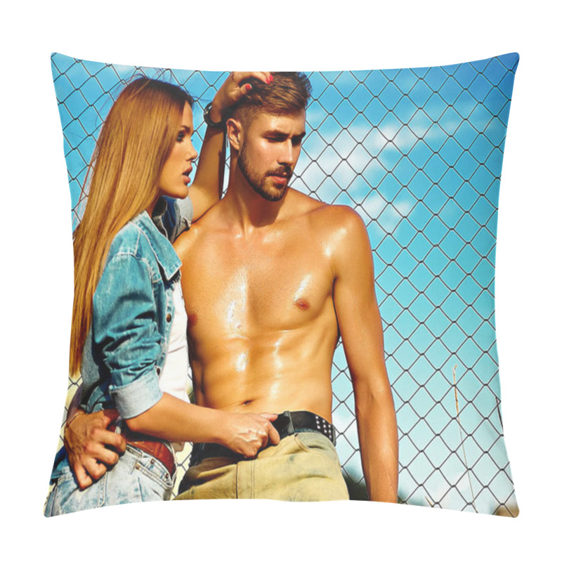 Personality  Sexy Stylish Blond Young Woman Model With Bright Makeup With Perfect Sunbathed Skin And Handsome Muscled Man In Jeans Outdoors Pillow Covers