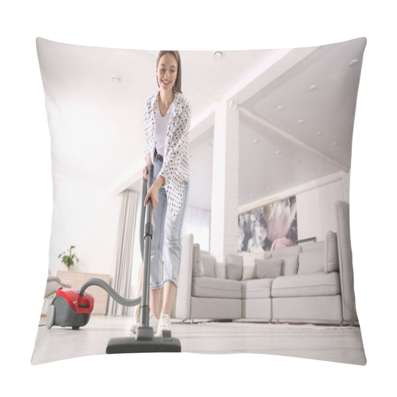 Personality  Young Woman Using Vacuum Cleaner At Home Pillow Covers