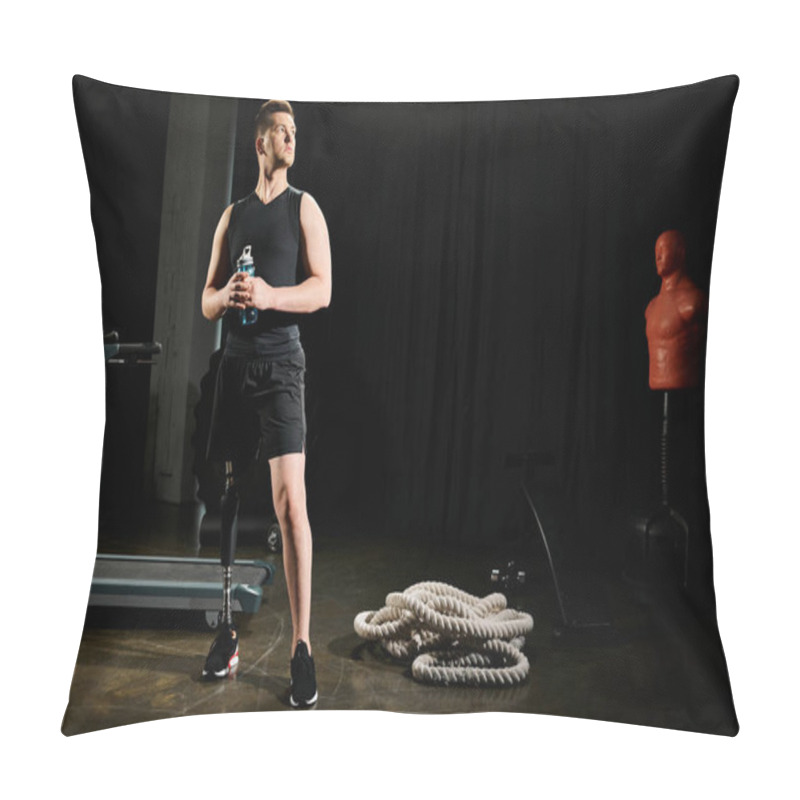 Personality  A Man With A Prosthetic Leg Stands Confidently In Front Of Gym Equipment, Showcasing Determination And Resilience In His Workout Routine. Pillow Covers