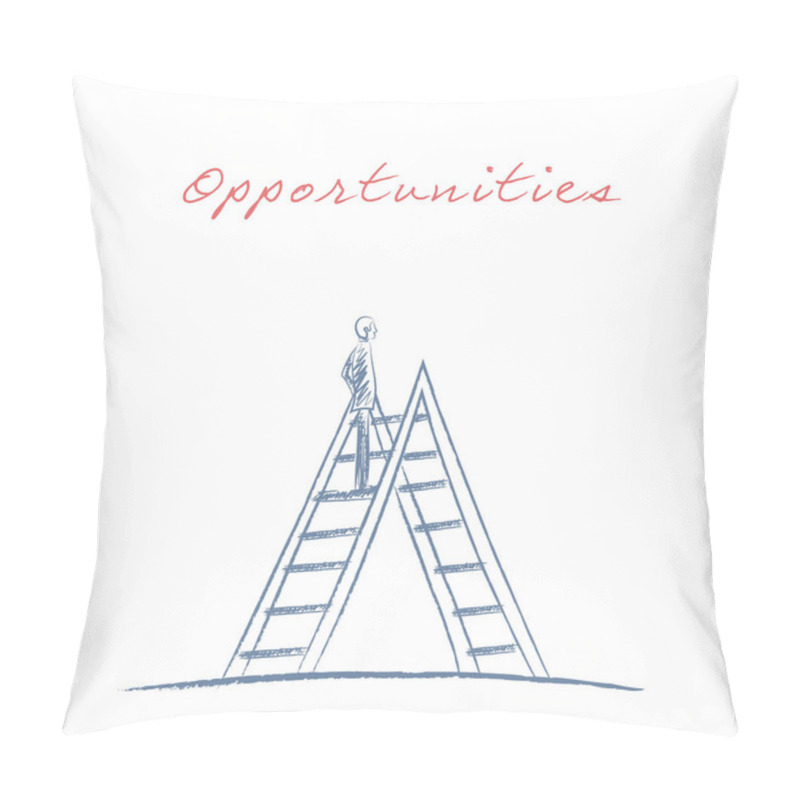 Personality  Business Opportunitites Vector Concept Symbol With Businessman Standing On A Ladder. Sketch Hand Drawn Style. Pillow Covers