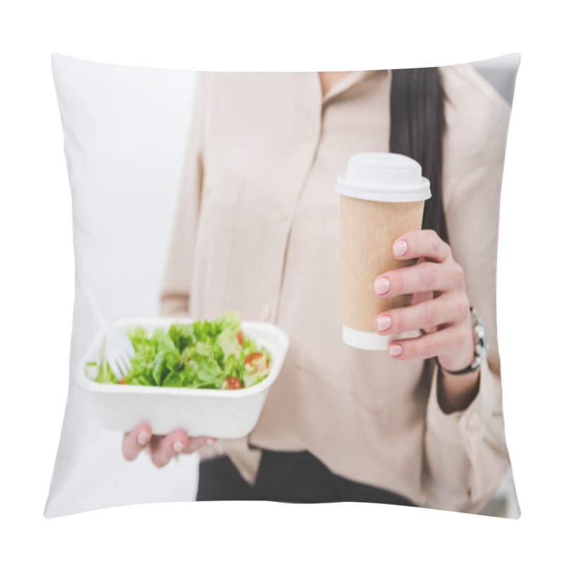 Personality  Cropped Shot Of Businesswoman With Take Away Food And Coffee To Go In Office Pillow Covers