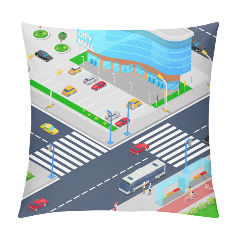 Personality  Isometric City Mall. Modern Shopping Center Building With Parking Zone Pillow Covers