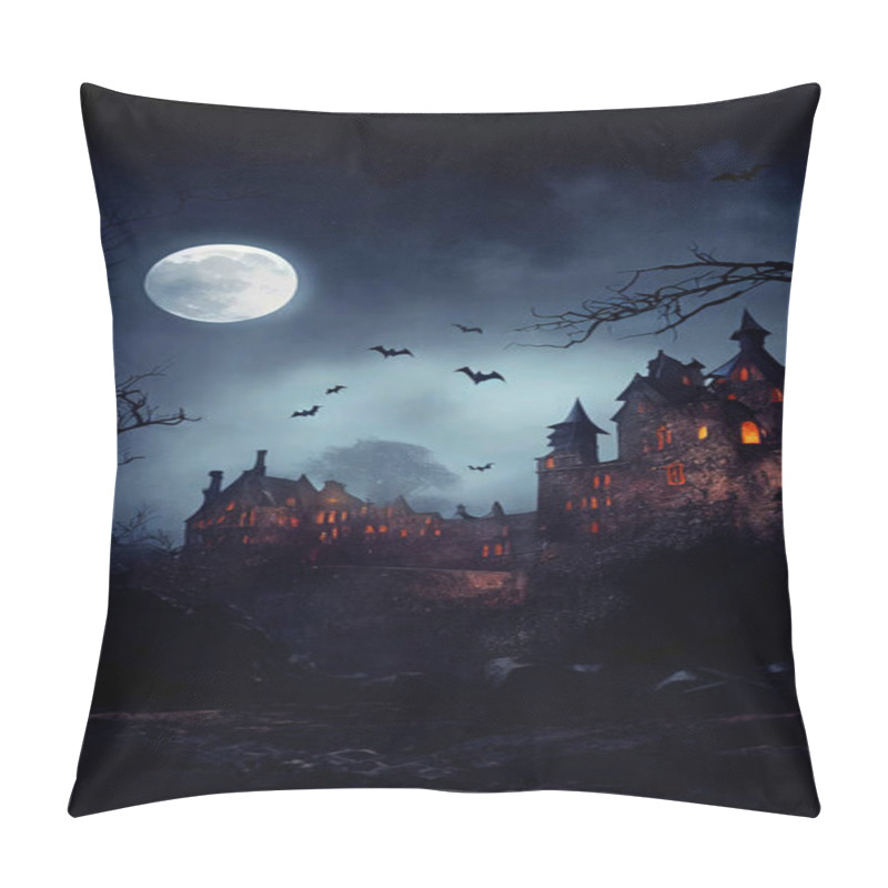 Personality  Medieval Gothic Castle In The Dark Halloween Night With Super Moon And Bats Flying In The Sky Pillow Covers