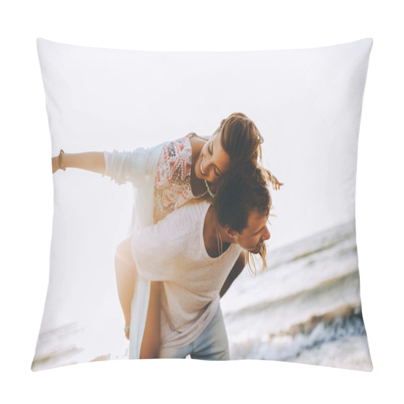 Personality  Happy Smiling Summer Couple Piggyback Together With Arms Outstretched At Beautiful Beach Pillow Covers