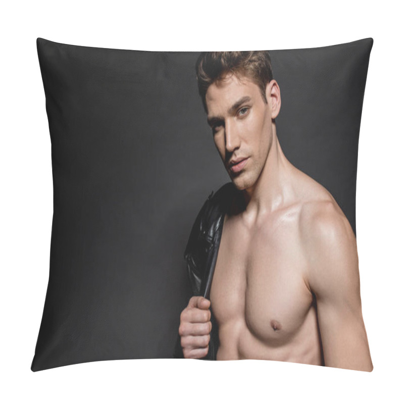 Personality  Sexy Young Man With Muscular Torso And Biker Jacket On Shoulder On Black Background Pillow Covers