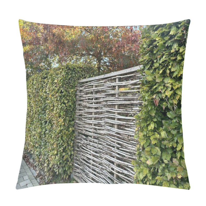 Personality  Wicker Willow Eco Fence And Dense Beech Hedge. The Hedge Is Composed Of Fagus Sylvatica, Displaying Horizontal Weaving In A Rustic, Natural Style Pillow Covers