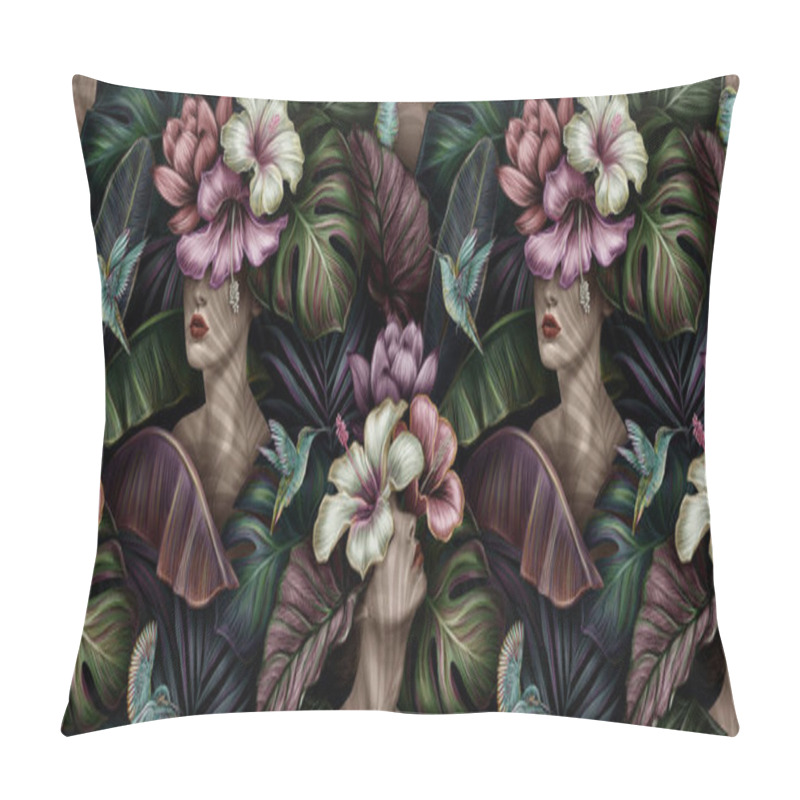 Personality  Tropical Exotic Seamless Pattern With Woman, Monstera, Hibiscus, Bromeliad, Banana Leaves, Palm, Colocasia. Hand-drawn 3D Illustration. Good For Production Wallpapers, Gift Paper, Cloth And Fabric Printing.  Pillow Covers