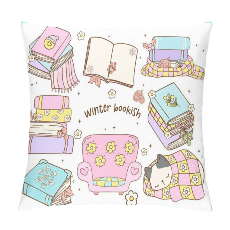 Personality  Group Of Groovy Retro Winter Bookish Reading Book Element Illustration Hand Drawn Doodle Clipart Set Pillow Covers