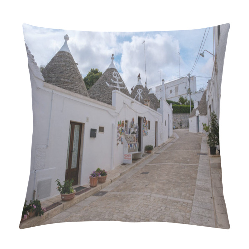 Personality  Alberobello Italy 18 September 2024 As Twilight Descends, The Unique Trulli Houses Stand Elegantly Along The Cobblestone Street In Puglia. Pillow Covers