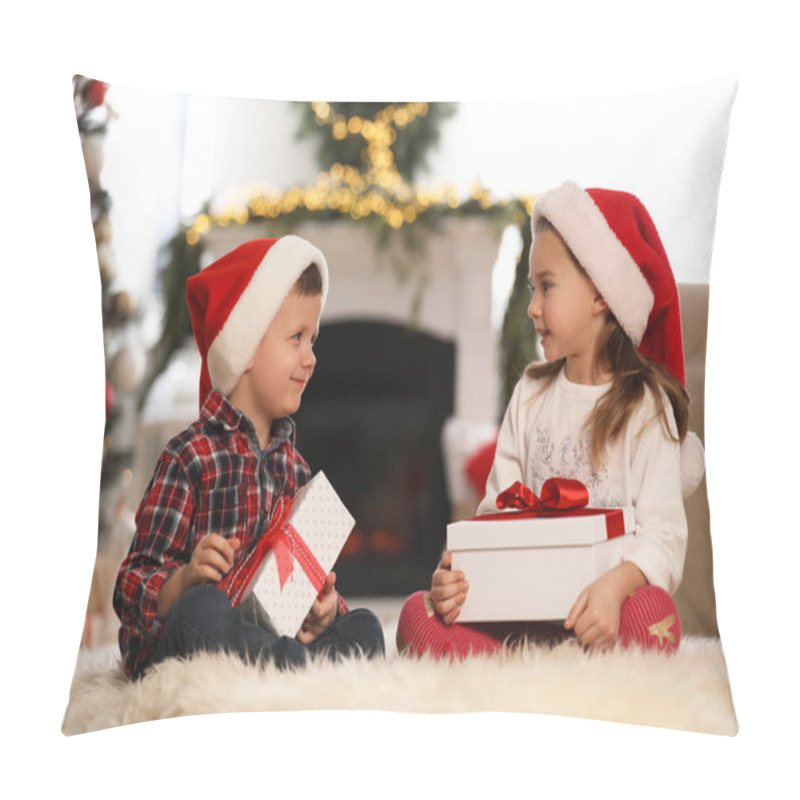 Personality  Cute Children Holding Gift Boxes In Room Decorated For Christmas Pillow Covers