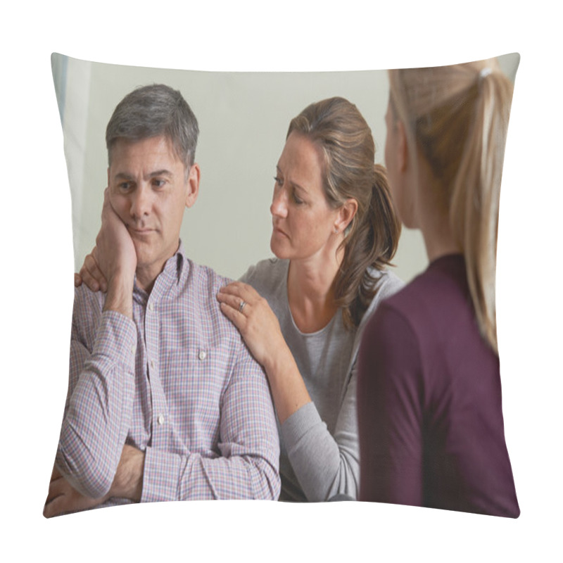 Personality  Mature Couple Talking With Counsellor As Woman Comforts Man Pillow Covers